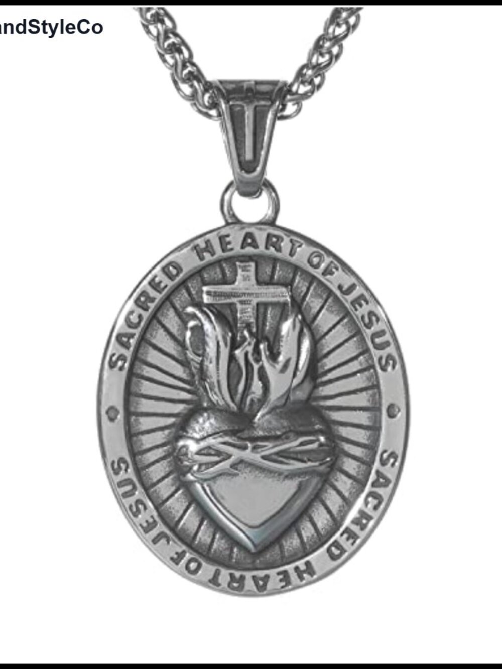 Sacred Heart of Jesus Stainless Steel Pendant Necklace Vintage Religious Medal